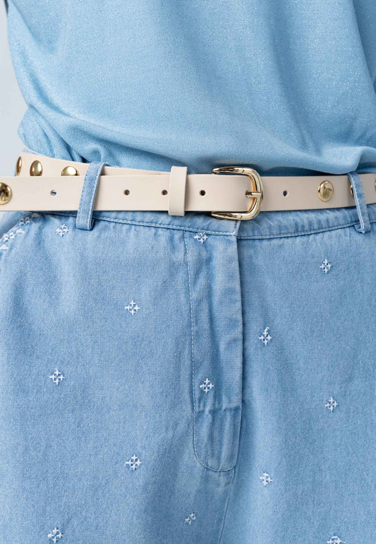 COSTER COPENHAGEN - Belt with studs - Creme/Gold Buckle