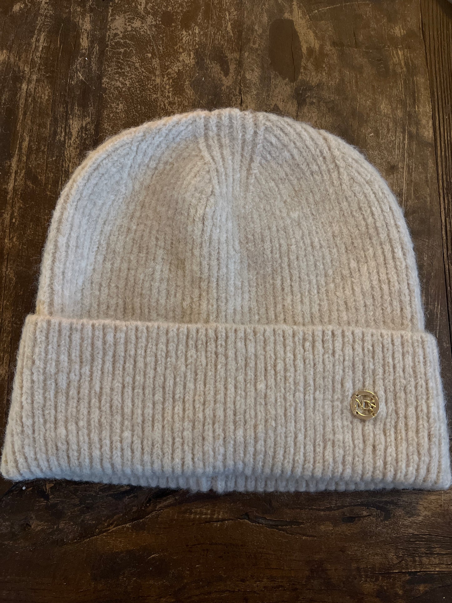 Strikket lue ullmix - lys beige melert