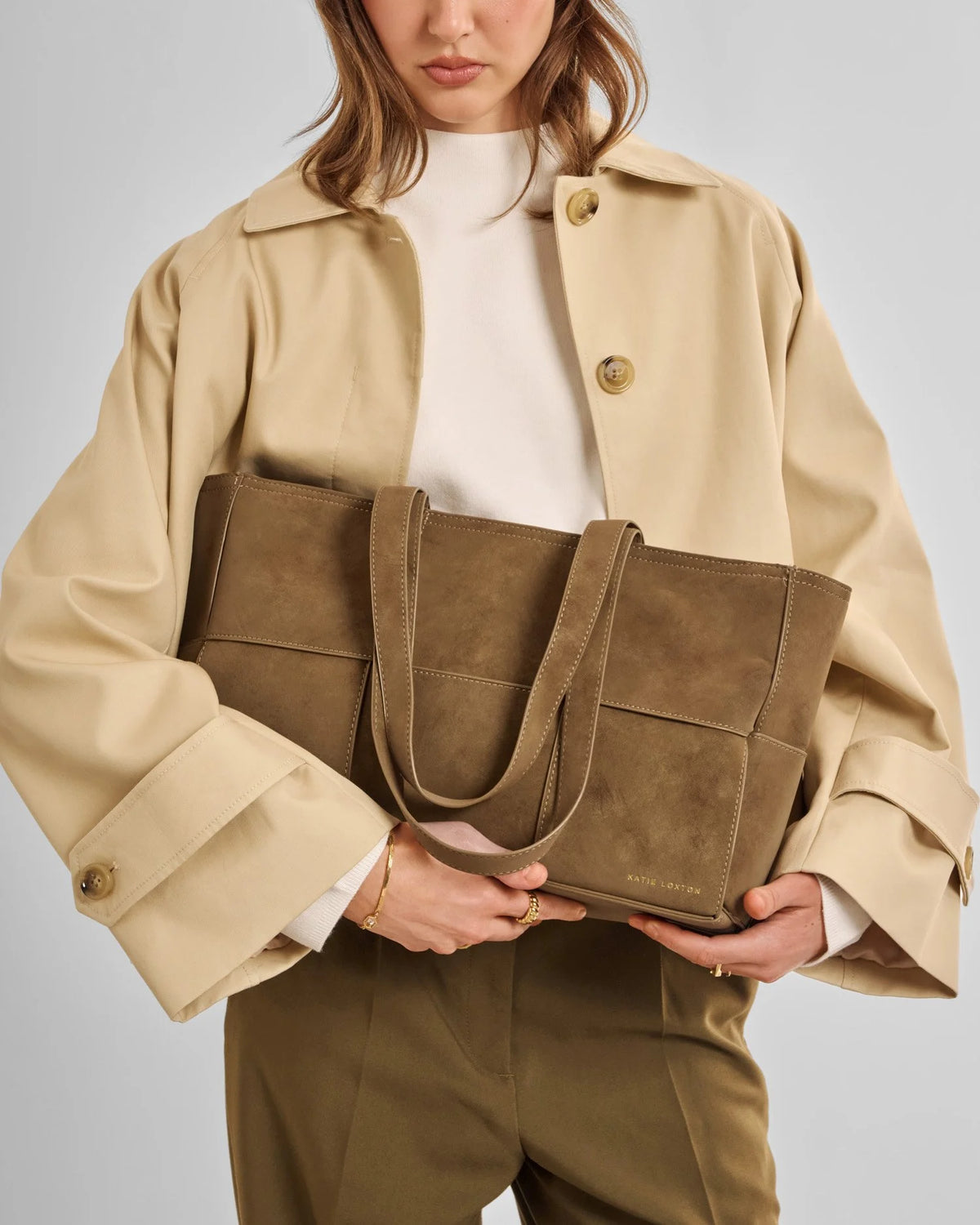 KATIE LOXTON - TAYA WOVEN SUEDETTE TOTE BAG - Caramel Suedette (24 x 37 x 12)